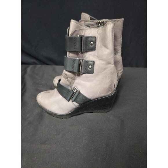 Sorel Boots Size 6.5 Gray Black After Hours Wedge Heel Leather Bootie Shoes - Picture 4 of 7
